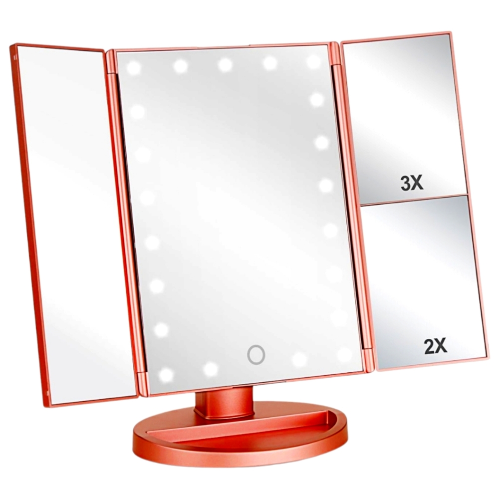 Rose Gold Tri-Fold LED Touch Screen Rotating Magnifying 3x/2x Vanity Mirror